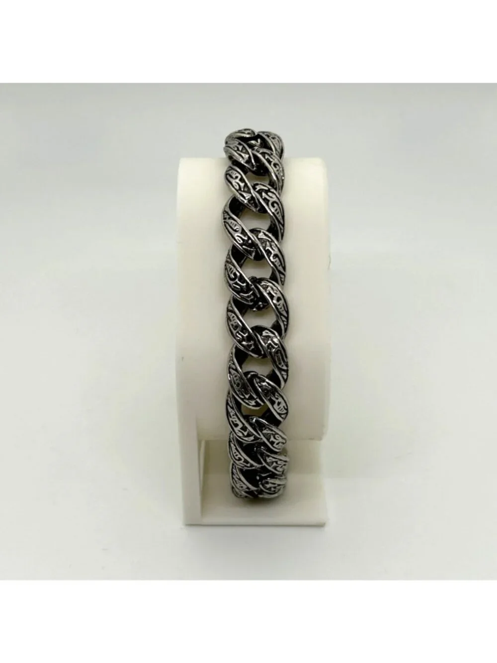 Men's Vintage Stainless Steel Curb Chain Bracelet Tribal Tattoo Etched Design